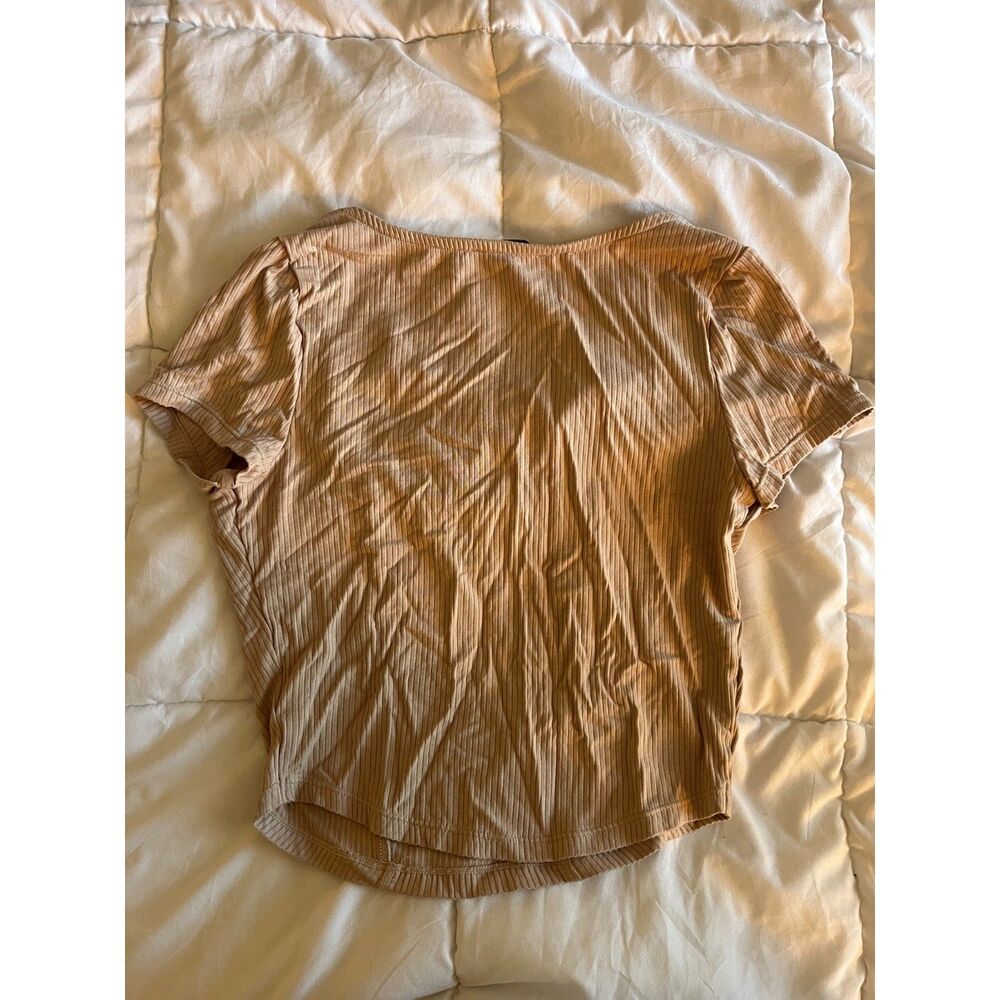 Love Tree Beige Ribbed Crop Top - Women's Medium, Short Sleeve Square Neck